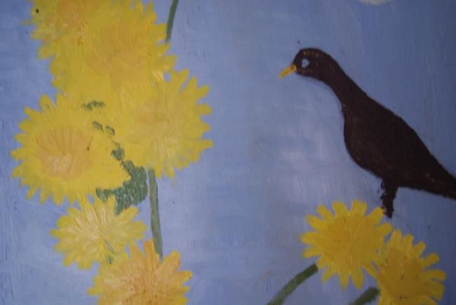 Painting titled "Цветы и птичка" by Tina Shmidt, Original Artwork