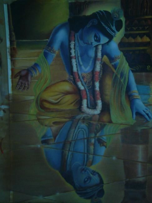 Painting titled "Krishna looking his…" by Alka Sagar, Original Artwork