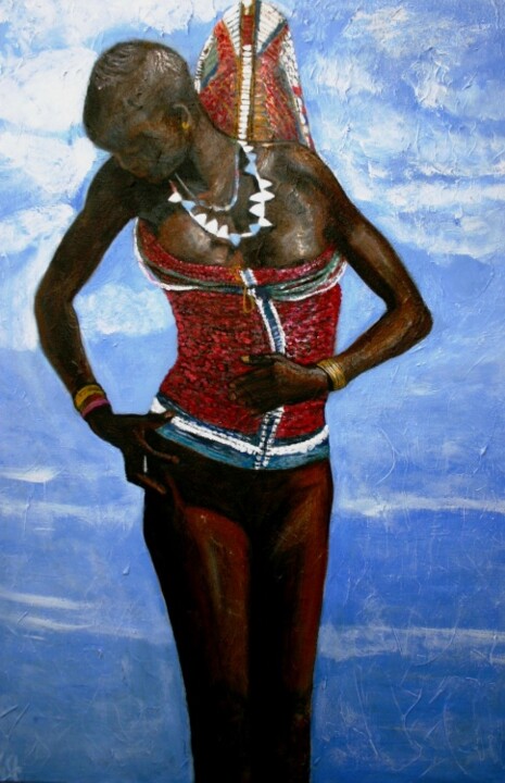 Painting titled "Dinka-meisje (Soeda…" by Tineke Van Steenbergen, Original Artwork, Oil