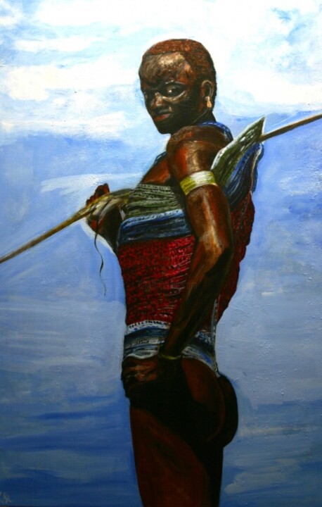 Painting titled "Dinka-man uit Soeda…" by Tineke Van Steenbergen, Original Artwork, Acrylic Mounted on Wood Stretcher frame