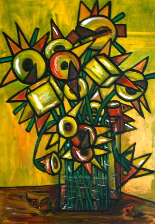 Painting titled "Basic Sunflowers (a…" by Tineke Van Steenbergen, Original Artwork, Acrylic