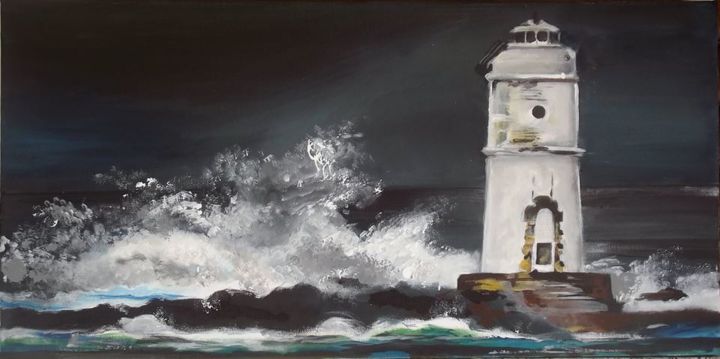 Malerei mit dem Titel "Lighthouse " Boatse…" von Tino Cavagnoli, Original-Kunstwerk, Acryl