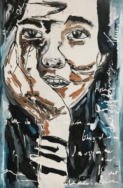 Painting titled "Girl in blue" by Tiny De Bruin, Original Artwork, Acrylic Mounted on Wood Panel