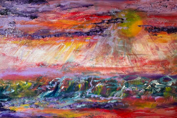 Painting titled "Sunset in Zeeland" by Tiny De Bruin, Original Artwork, Acrylic Mounted on Wood Stretcher frame