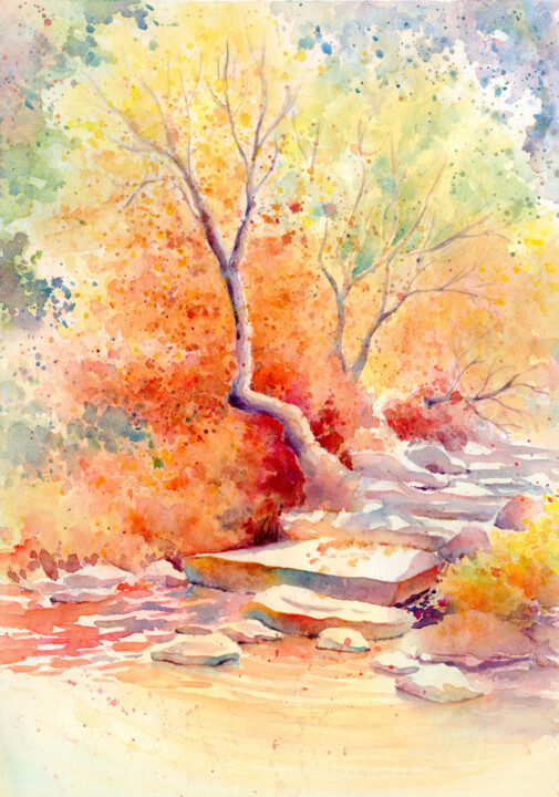 Painting titled "Autumn Sunlight - L…" by Tiny Pochi, Original Artwork, Watercolor