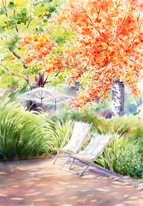 Peinture intitulée "Garden for Two - Ja…" par Tiny Pochi, Œuvre d'art originale, Aquarelle