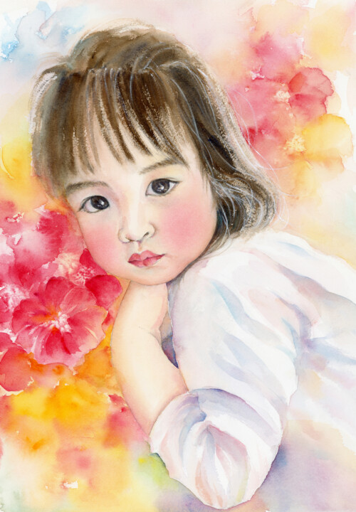 Peinture intitulée "The Rosy Cheeks" par Tiny Pochi, Œuvre d'art originale, Aquarelle