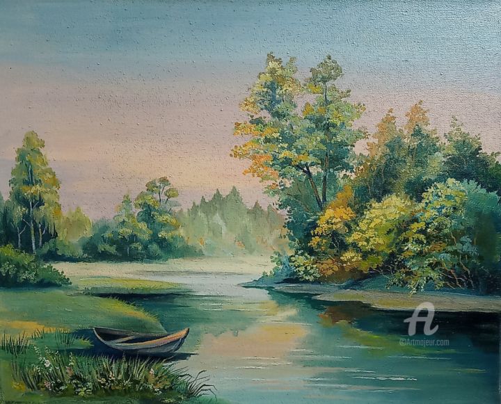 Painting titled ",,Forest lake''" by Irina Tischenko, Original Artwork, Oil Mounted on Wood Stretcher frame