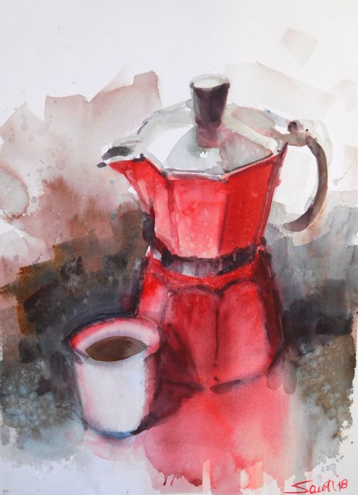 Painting titled "la-caffettiera.jpg" by Stefano Santi, Original Artwork, Watercolor