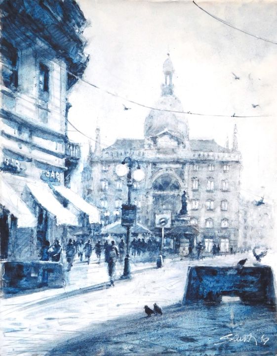 Peinture intitulée "Piazza Cordusio" par Stefano Santi, Œuvre d'art originale, Aquarelle