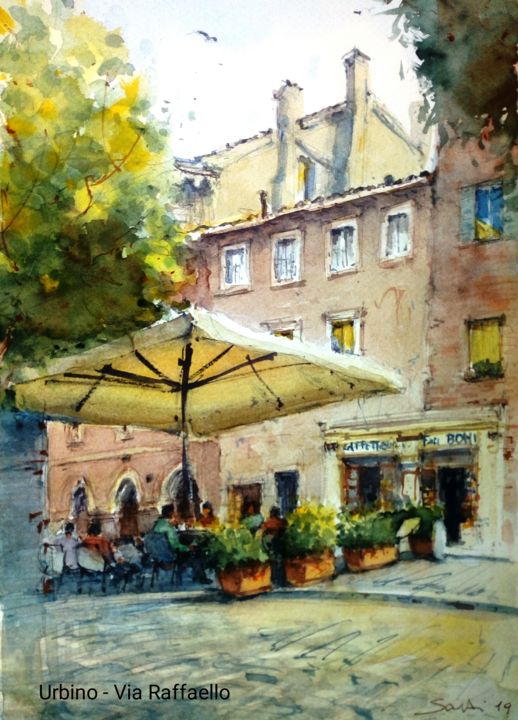 Peinture intitulée "Scorcio di Urbino" par Stefano Santi, Œuvre d'art originale, Aquarelle