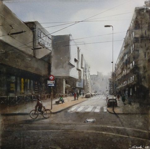 Peinture intitulée "mattino a MIlano" par Stefano Santi, Œuvre d'art originale, Aquarelle