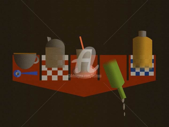 Digitale Kunst mit dem Titel "Table avec bouteille" von Joost Hogervorst, Original-Kunstwerk, Digitale Malerei