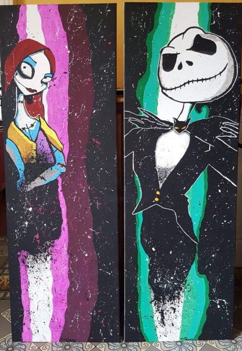 Painting titled "Toile Jack et Sally" by Tite Titoune, Original Artwork, Gouache Mounted on Wood Stretcher frame