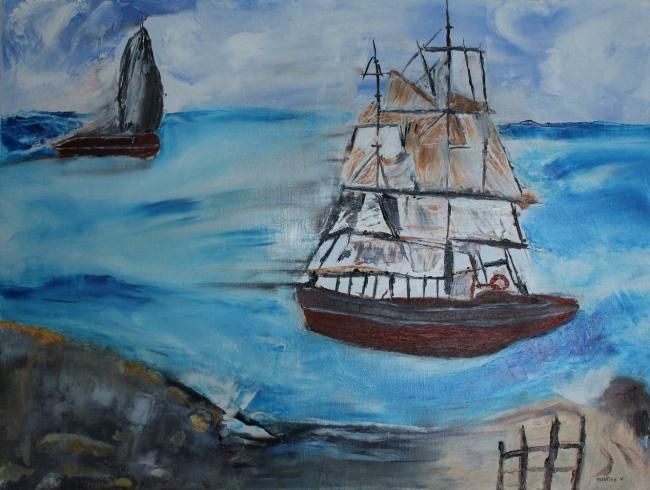 Painting titled "L'ocean" by Martine Villani, Original Artwork