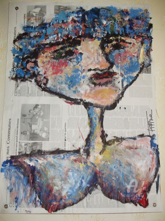 Malarstwo zatytułowany „MISS AUX CHEVEUX BL…” autorstwa Titine, Oryginalna praca, Akryl Zamontowany na Karton