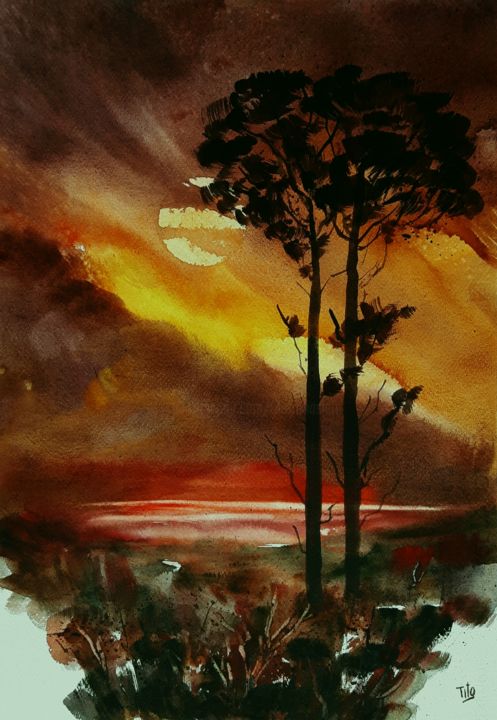 Painting titled "Tramonto impossibil…" by Tito Fornasiero, Original Artwork, Watercolor