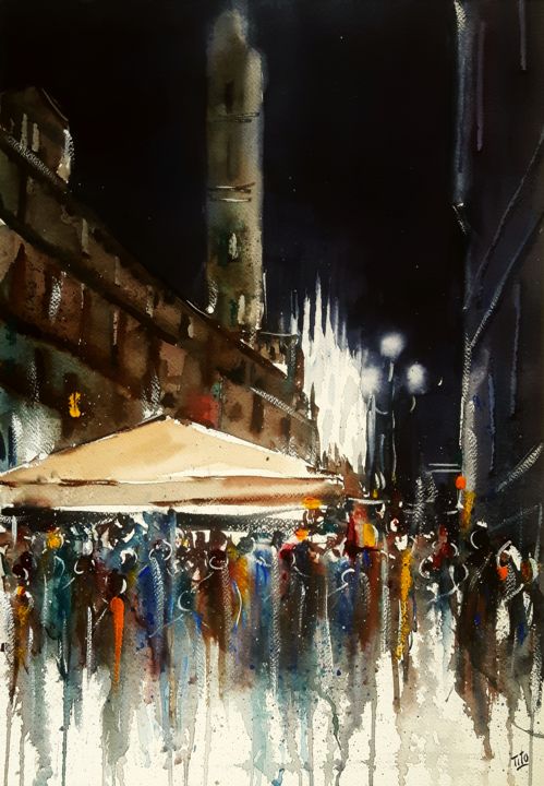 Painting titled "Milano by night" by Tito Fornasiero, Original Artwork, Watercolor