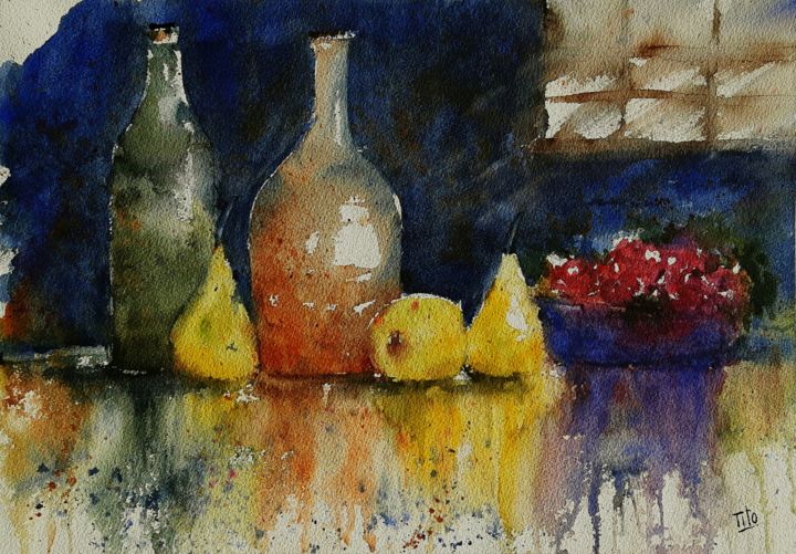 Painting titled "Natura morta con pe…" by Tito Fornasiero, Original Artwork, Watercolor