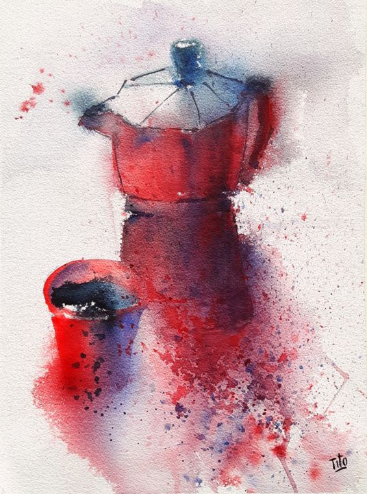 Painting titled "La caffettiera rossa" by Tito Fornasiero, Original Artwork, Watercolor