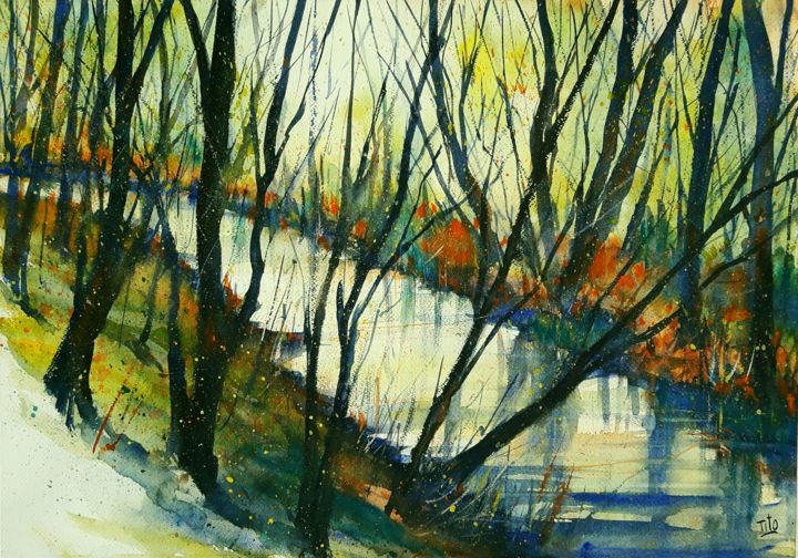 Painting titled "L'autunno si avvici…" by Tito Fornasiero, Original Artwork, Watercolor