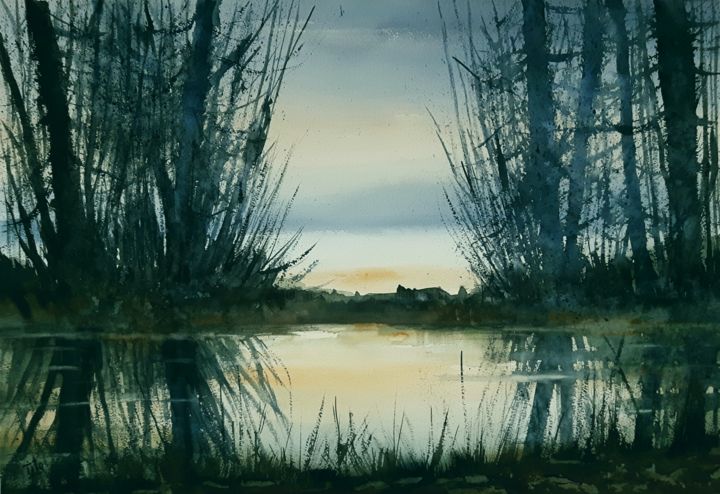 Painting titled "Alberi d'inverno #1" by Tito Fornasiero, Original Artwork, Watercolor