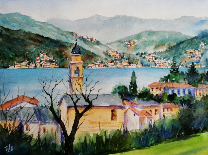 Pintura intitulada "Laglio (CO)" por Tito Fornasiero, Obras de arte originais, Aquarela