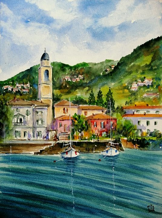 Painting titled "Cernobbio (CO)" by Tito Fornasiero, Original Artwork, Watercolor