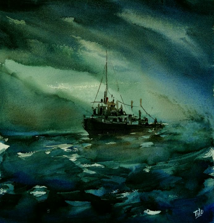 Pittura intitolato "Mare mosso" da Tito Fornasiero, Opera d'arte originale, Acquarello