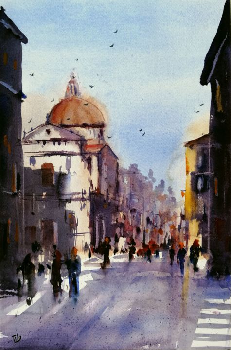 Malerei mit dem Titel "Scorcio romano" von Tito Fornasiero, Original-Kunstwerk, Aquarell