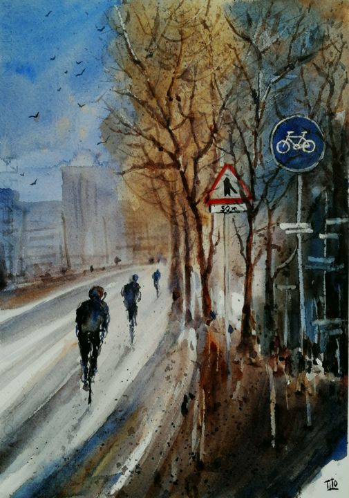 Painting titled "Tre ciclisti" by Tito Fornasiero, Original Artwork, Watercolor