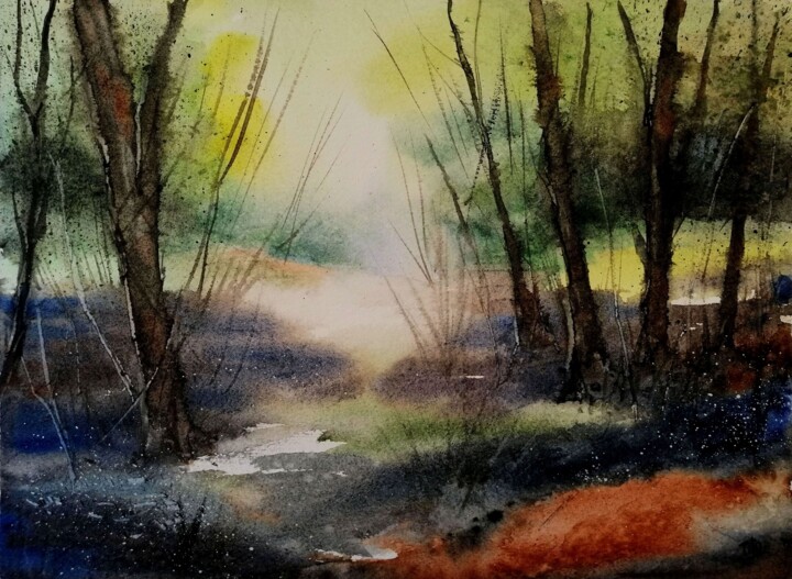 Painting titled "Nel Parco del Basso…" by Tito Fornasiero, Original Artwork, Watercolor