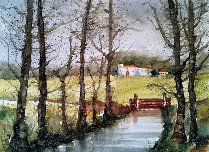 Painting titled "Campagna lombarda" by Tito Fornasiero, Original Artwork, Watercolor