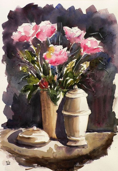 Pittura intitolato "Vaso di rose" da Tito Fornasiero, Opera d'arte originale, Olio