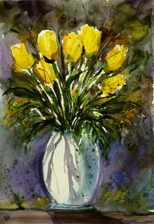 Painting titled "Tulipani gialli" by Tito Fornasiero, Original Artwork, Watercolor