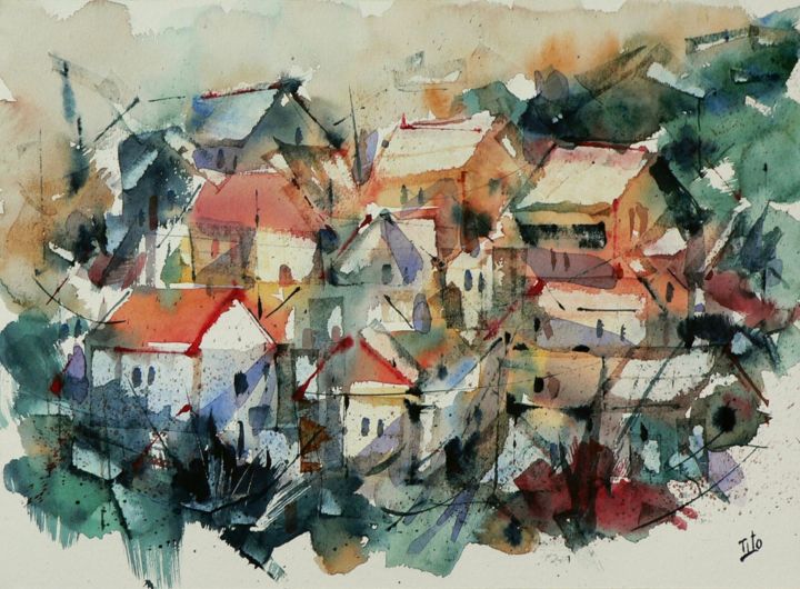 Painting titled "Poggio di Groppallo" by Tito Fornasiero, Original Artwork, Watercolor