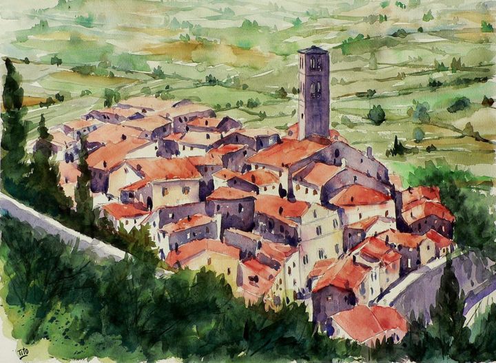 Painting titled "Cortona (Toscana)" by Tito Fornasiero, Original Artwork, Watercolor