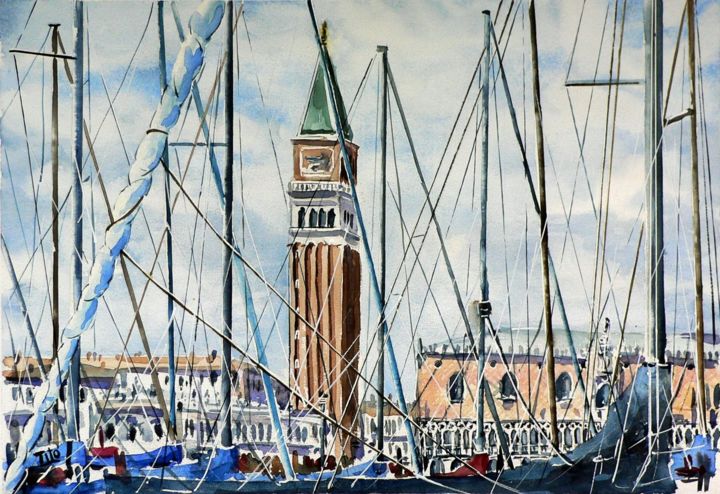 Pittura intitolato "Un insolita Venezia" da Tito Fornasiero, Opera d'arte originale, Acquarello
