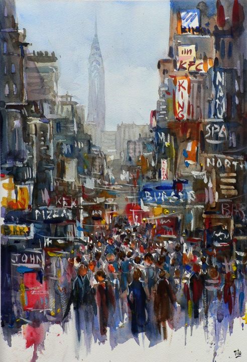 Painting titled "New York" by Tito Fornasiero, Original Artwork, Watercolor