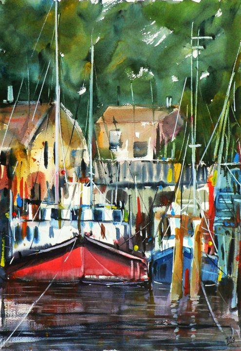 Pittura intitolato "I colori del porto" da Tito Fornasiero, Opera d'arte originale, Acquarello