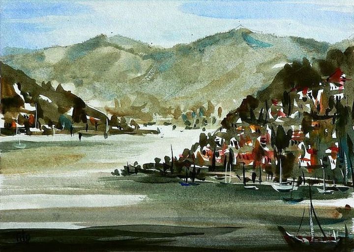 Painting titled "Veduta del lago di…" by Tito Fornasiero, Original Artwork, Watercolor