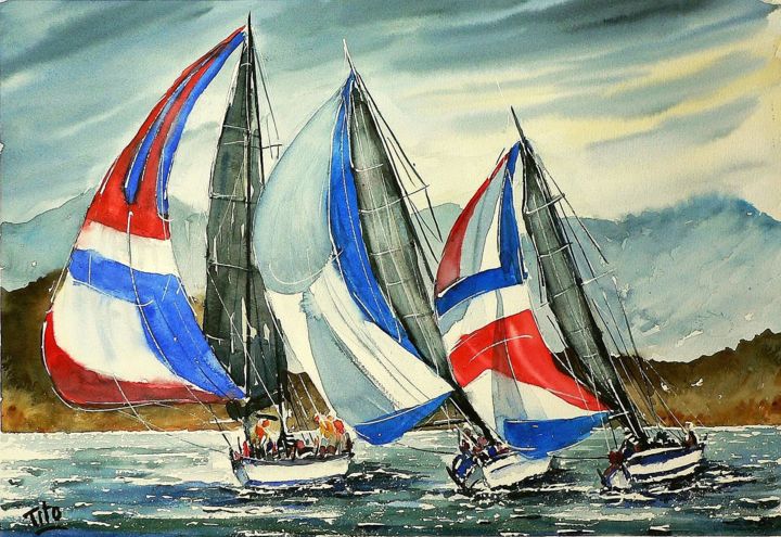 Pittura intitolato "Regata sul lago di…" da Tito Fornasiero, Opera d'arte originale, Acquarello