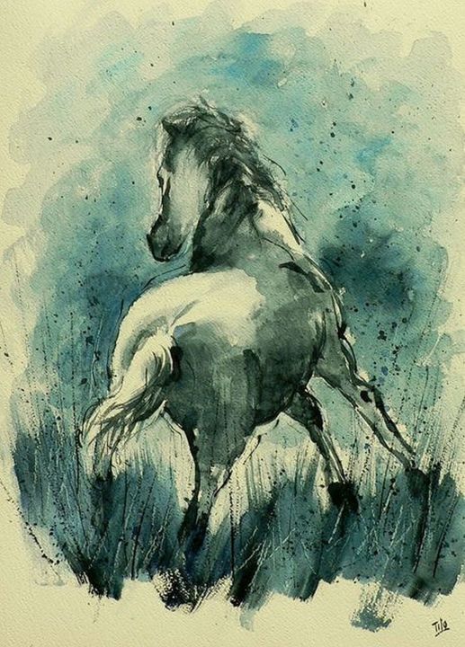 Pintura intitulada "Il cavallo" por Tito Fornasiero, Obras de arte originais, Aquarela