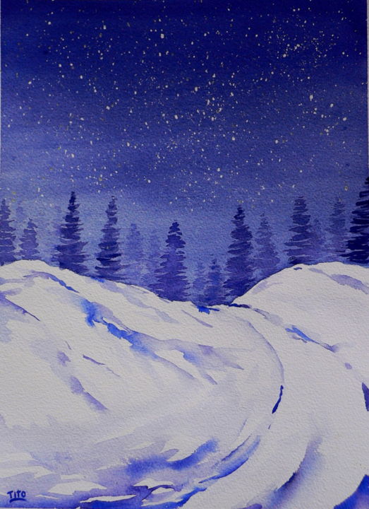Painting titled "Notte invernale" by Tito Fornasiero, Original Artwork, Watercolor