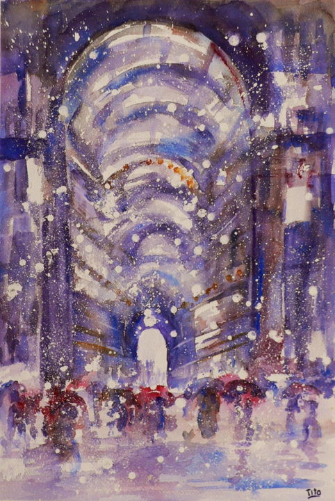 Pintura intitulada "Milano - Nevicata i…" por Tito Fornasiero, Obras de arte originais, Aquarela