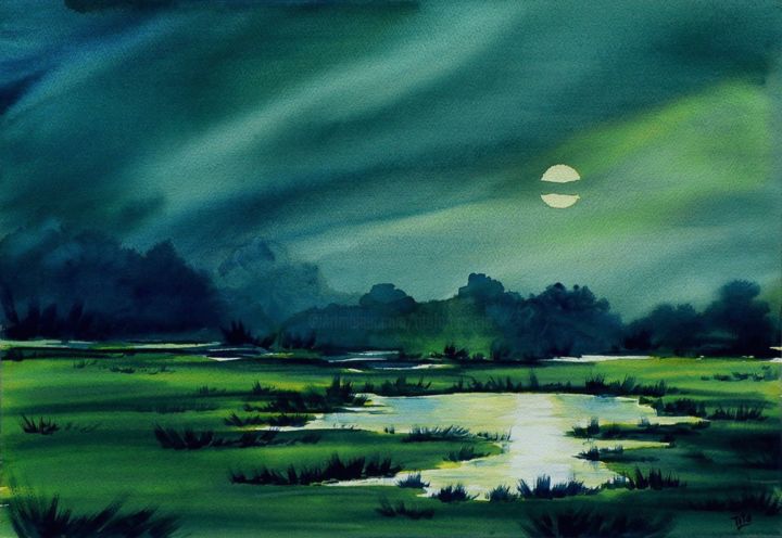 Painting titled "Blue moon" by Tito Fornasiero, Original Artwork, Watercolor