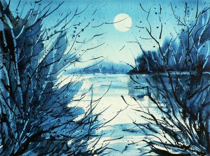 Painting titled "Blue moon 2" by Tito Fornasiero, Original Artwork, Watercolor