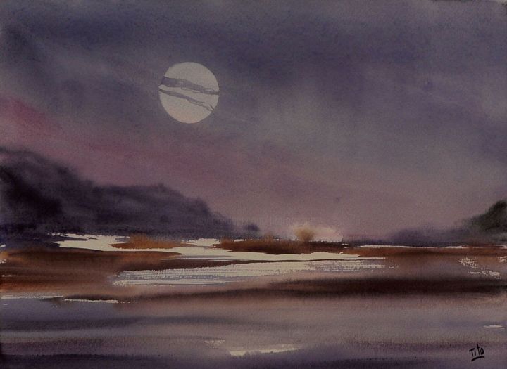 Painting titled "Full Moon" by Tito Fornasiero, Original Artwork, Watercolor