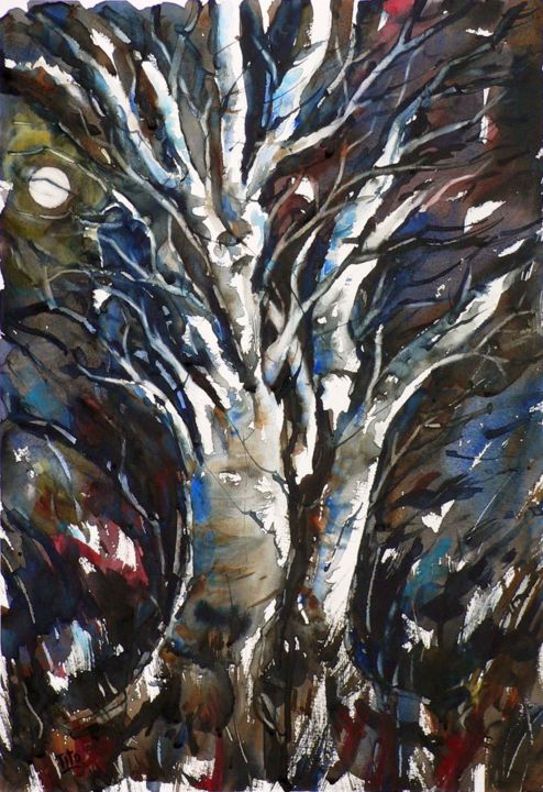 Pintura intitulada "Il vecchio albero e…" por Tito Fornasiero, Obras de arte originais, Aquarela