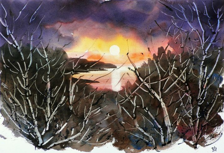 Pintura intitulada "Tramonto - Sunset" por Tito Fornasiero, Obras de arte originais, Aquarela